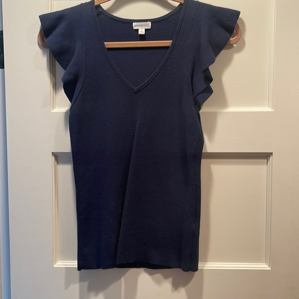 Minnie Rose NAVY ruffle short sleeve sweater size S
